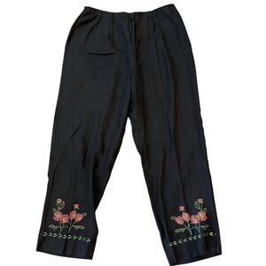 Ladies Size 16 Black Linen Pants Floral Embroidery Pull On Elastic Waist Zip
